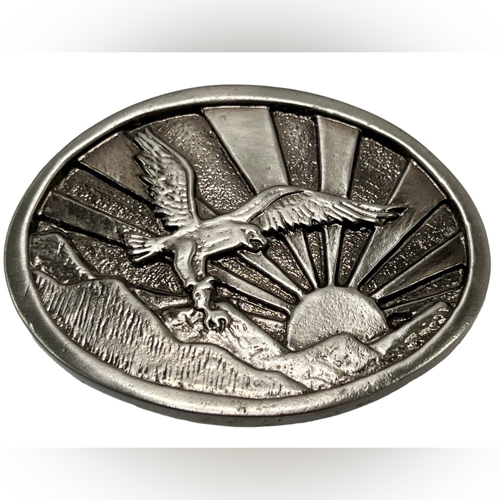 Steel Belt Buckle Eagle Sunrise Majestic Silver 3”x 2” Stamped “2012” EUC